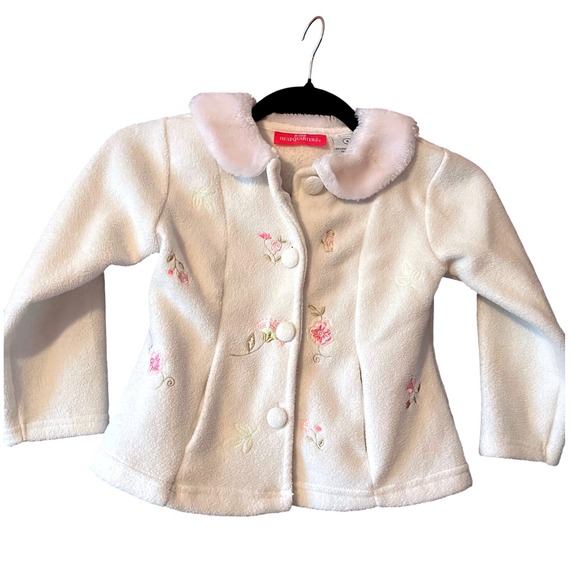 Kids Headquarters Ivory Fleece Floral Embroidered Coat Jacket Size 4 Girl - Picture 1 of 9